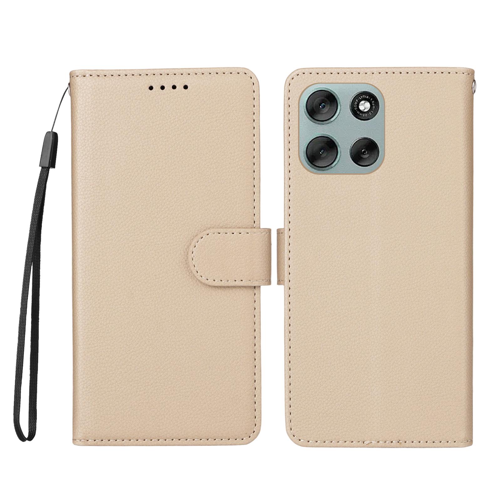 

For Motorola Moto G56 5G Case RFID Blocking 3 Card Slots PU Leather Phone Cover with Wrist Strap Creamy White
