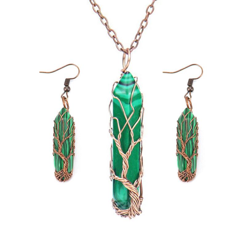 Hand Winding Natural Crystal Bullet Hexagonal Post Tree Of Life Necklace Earrings Set N604