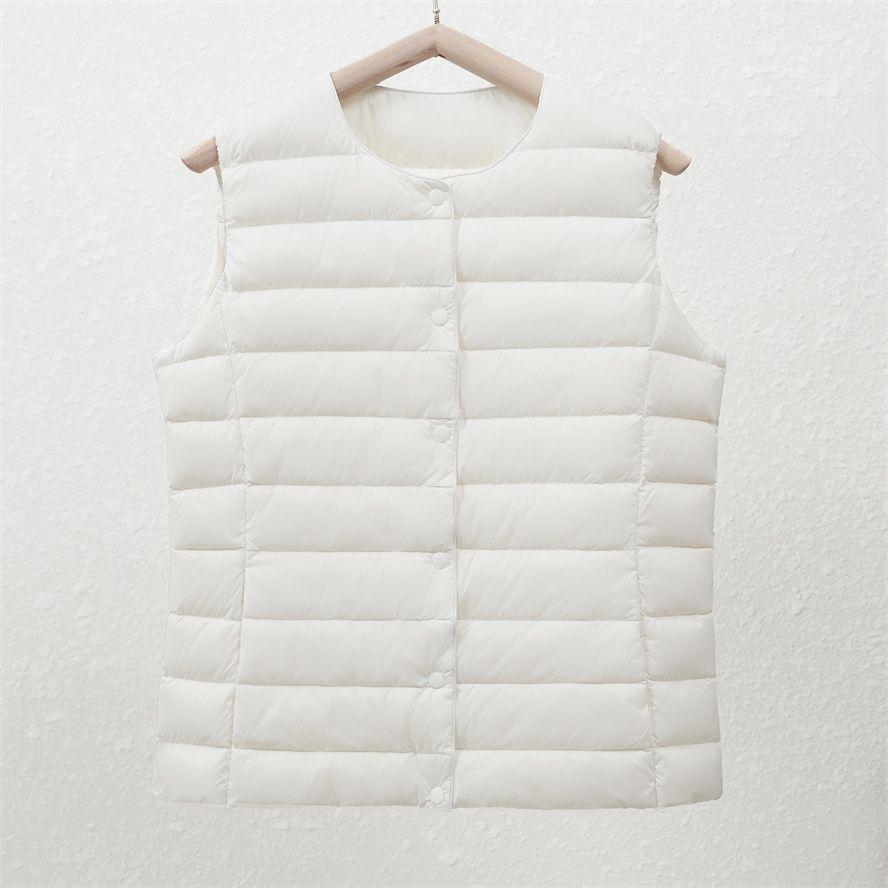 Women's White Duck Down Lightweight Vest - Collarless, Sleeveless Winter Innerwear