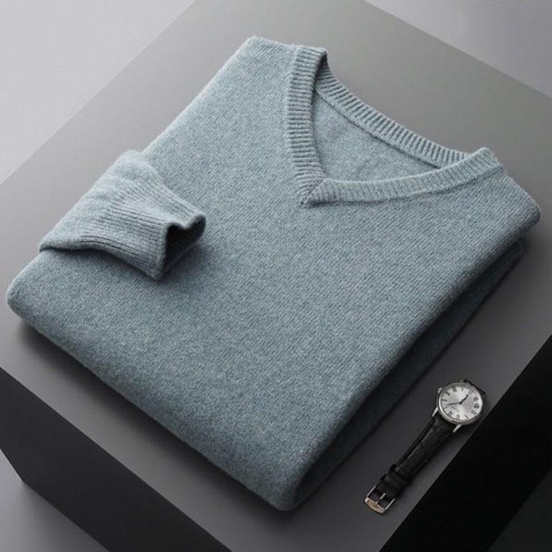 2024 Men s V-neck Wool Sweater - Thick Knit, Solid Color, Business Casual, Plus Size Pullover. S