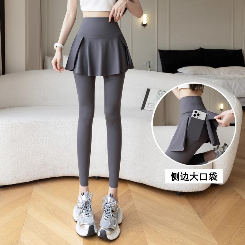 Fake two-piece yoga pants skirt fart curtain with pocket high waist belly slim fit fitness barbie leggings shark pants women