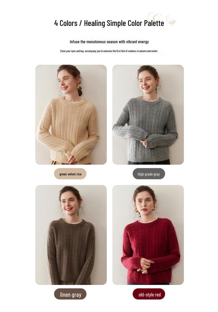 Elegant Women's Color-Block Cable Knit Cashmere Sweater, Round Neck Pullover, Autumn/Winter Style Base Layer Top