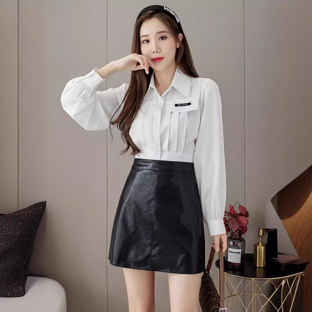 

2023 Autumn/Winter Women s High Waist PU Leather A-line Bodycon Midi Skirt - Black S