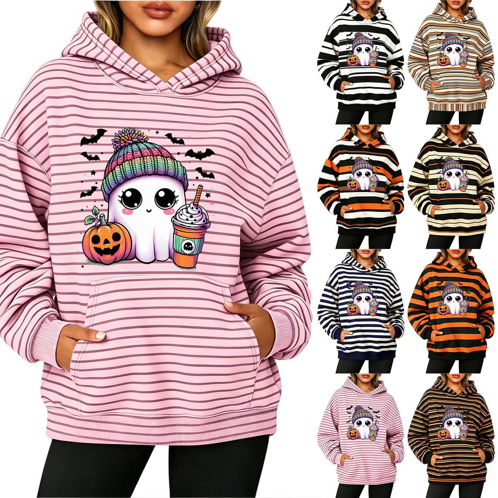 Women's Fashion Striped Print Long Sleeve Pullover Hoodie with Pockets for Halloween