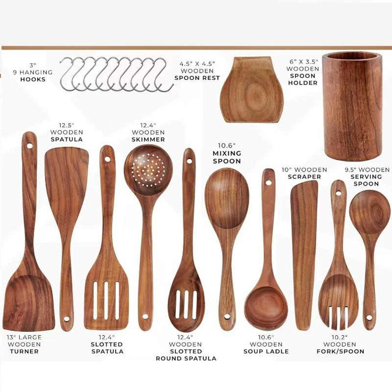 Non-Stick Pan Special: Teak & Acacia Wood Spatula, Stir-Fry Set, Salad Fork & Slotted Spoon