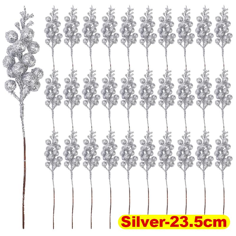 

Christmas Artificial Glitter Red Berries Branches Gold Powder Holly Berry Fake Flowers Xmas Tree Ornaments Party Home Decoration 20PCS срібний