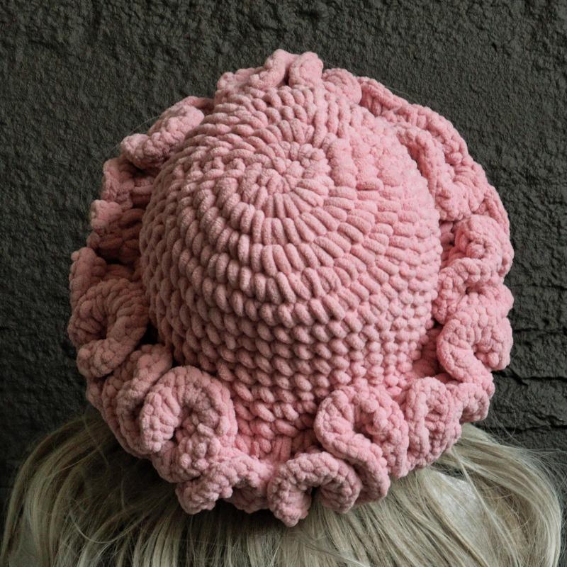 

Ladies knitted plush hat cute lace hat ruffle edge hat autumn and winter warm halloween adult hat M（56-58cm）