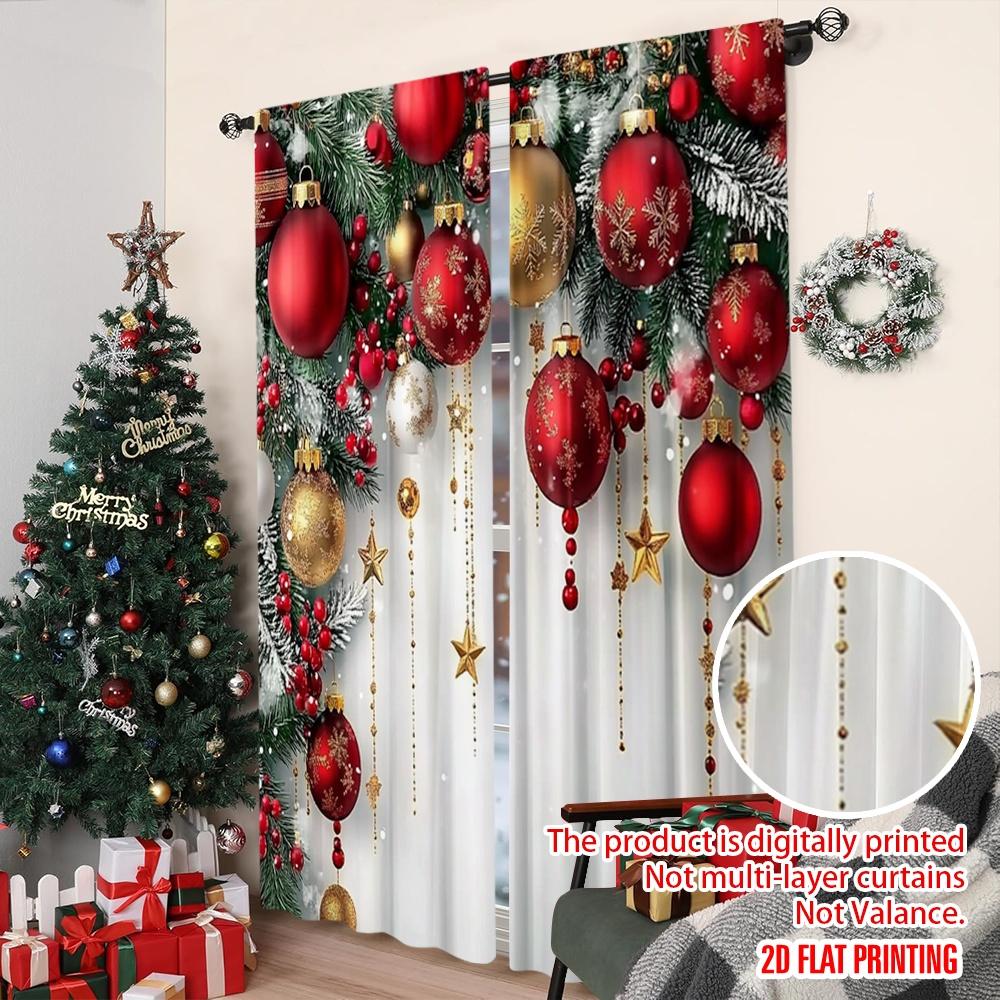 2pcs 2D flat printing Fashionable Christmas Curtains Red and Gold Ball Pine Branch Snowflake Digital Printed Polyester Drapes