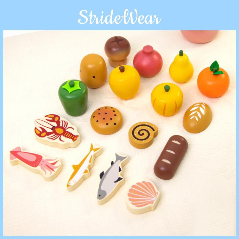 Wooden Pretend Play Kitchen Toy Set With Fruits Vegetables And Bread For Kids Learning