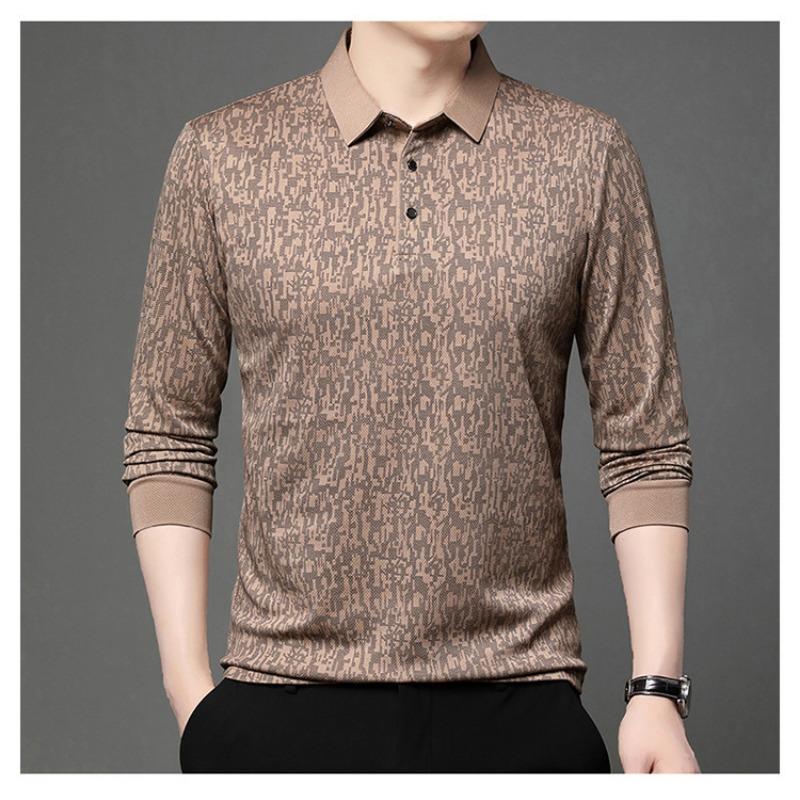 Mens Long Sleeve Jacquard Polo Shirt Business Casual Spring Autumn Top