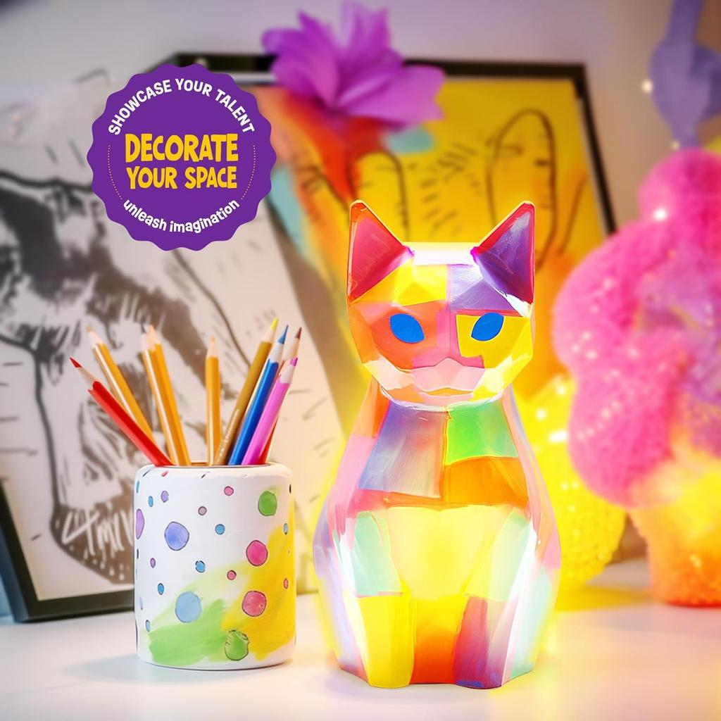 Paint Your Own Cat/Deer Lamp Art Kit DIY Geometric Night Light Art Supplies Gifts for Kids Boys Girls Ages 6 7 8 9 10 11 12