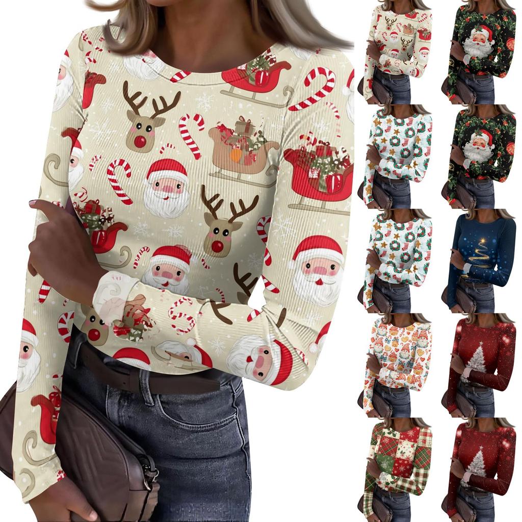 Women's Casual Christmas Print Long Sleeve Ribbed Knit Top with Round Neck