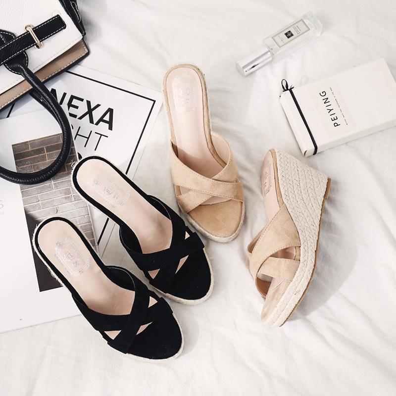 

Крутые тапочки на толстой подошве и танкетке, женские, для лета, новые, на высоком каблуке, из пеньковой веревки, модные, увеличивающие рост, туфли-маффины, сандалии 39 абрикосовый