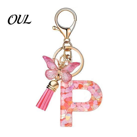 Kompaktes Schlüsselanhänger-Anhänger in Rosa-Serie, Pailletten Herz Initialen-Buchstaben-Anhänger Schlüsselkette mit tragbarem Schmetterlings-Quasten-Design, A-Z Halter für Tasche