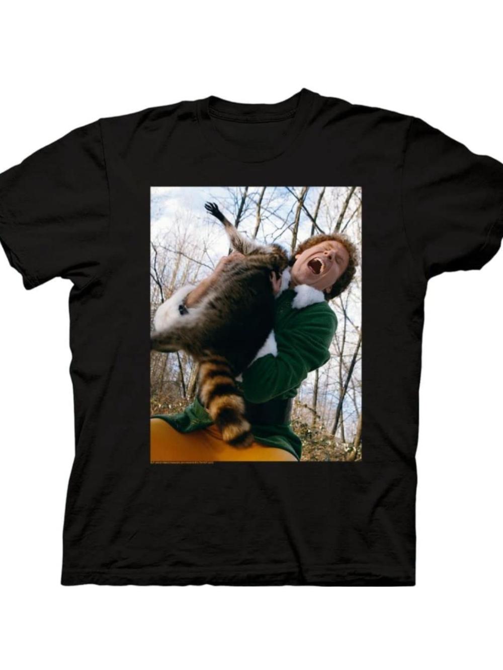 Elf Boy Raccoon Pattern Tshirt Fun Christmas Movie Design Soft and Breathable Crew Neck Short Sleeve  Unisex All Seasons M