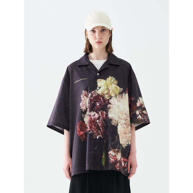 Harshandcruel Holiday Retro Oil Painting Flower Print Cuban Collar Short Sleeve Shirt Su Xinhao Yin Haoyu