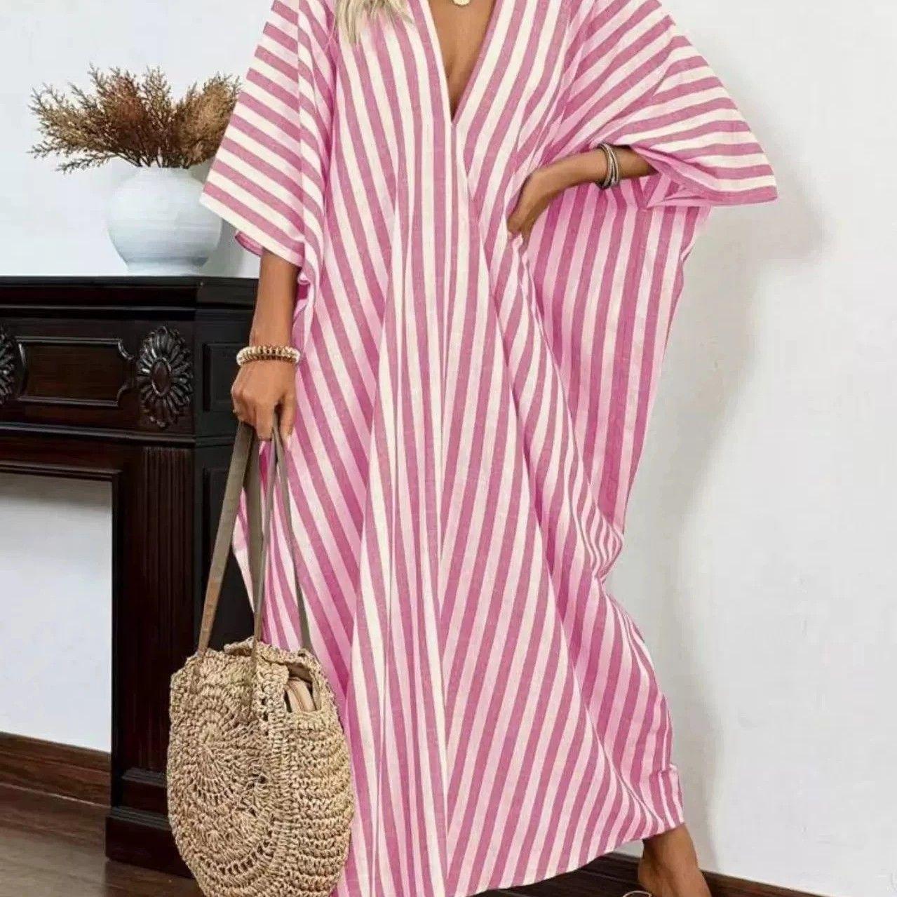 Loose V-neck striped long dress S розовый
