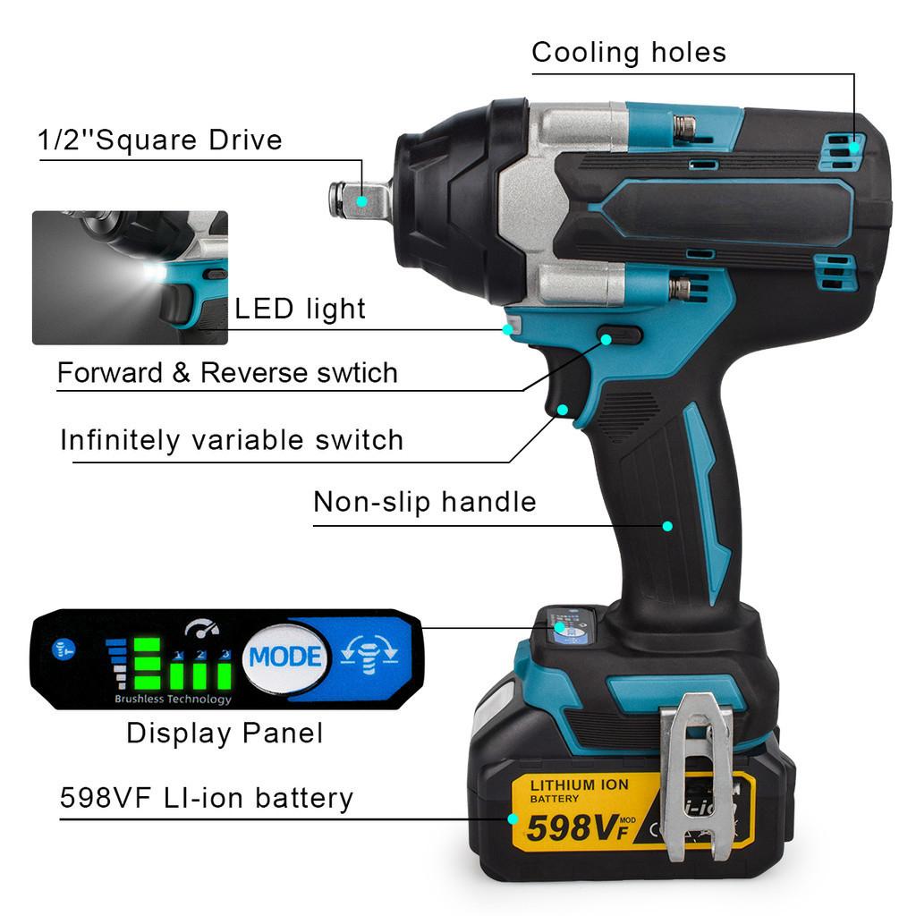 1/2 Inch Brushless Electric Impact Wrench Rechargeable Cordless Wrench Screwdriver Power Tools