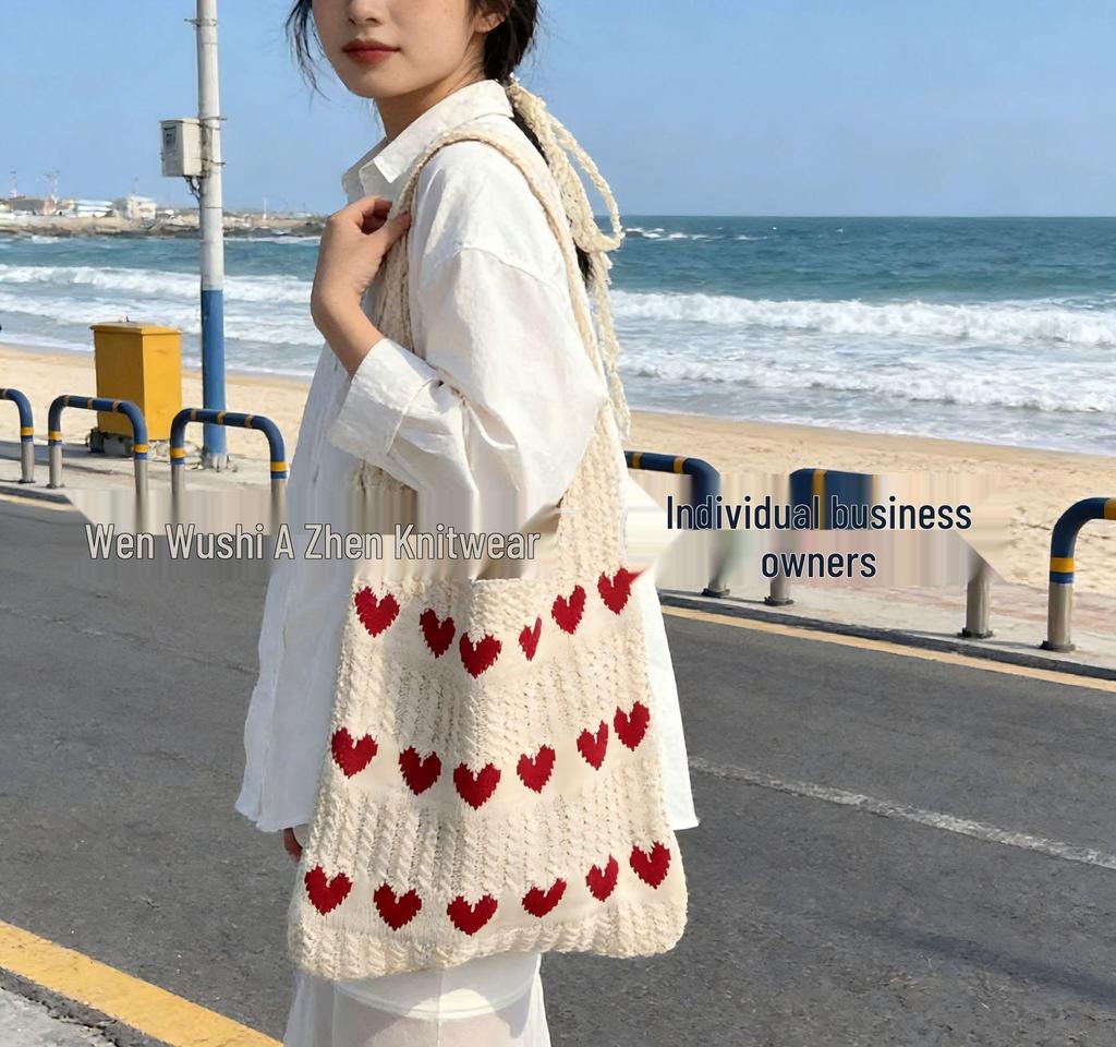 Korean Chic Crochet Mesh Shoulder Bag – Women’s Hand-Knitted Large Tote for Summer Beach
