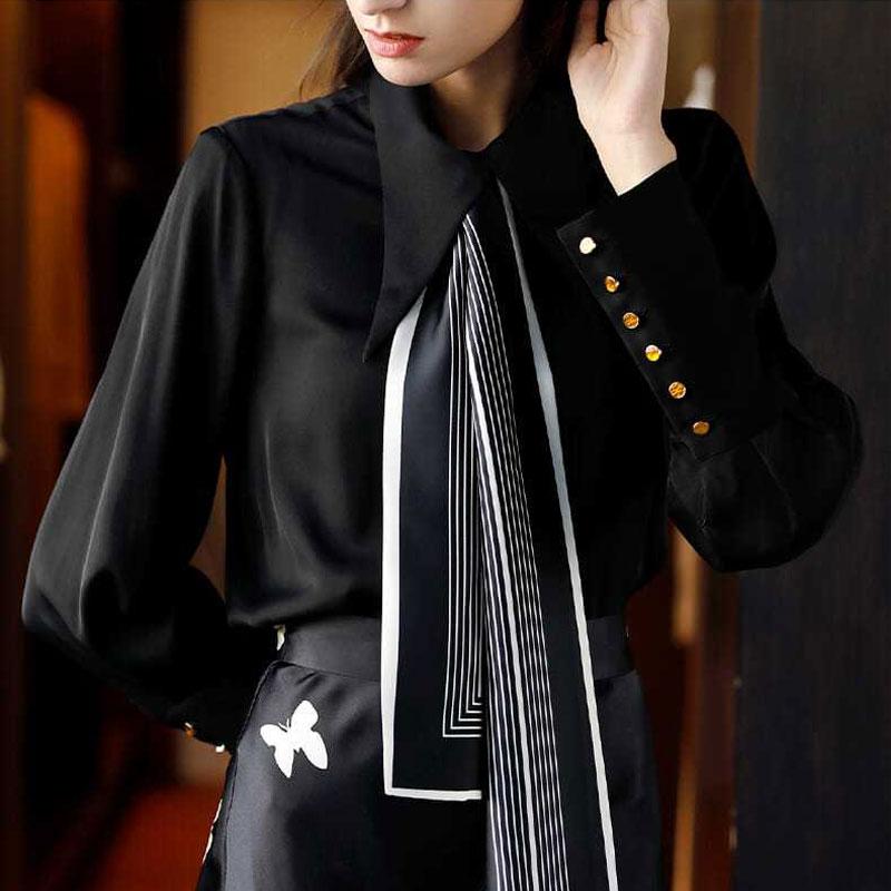 

Стильная блузка на кулиске для офисной леди Весна Осень Повседневная одежда Отложной воротник Женская одежда Корейская Однобортная Базовая рубашка XXXL чёрный