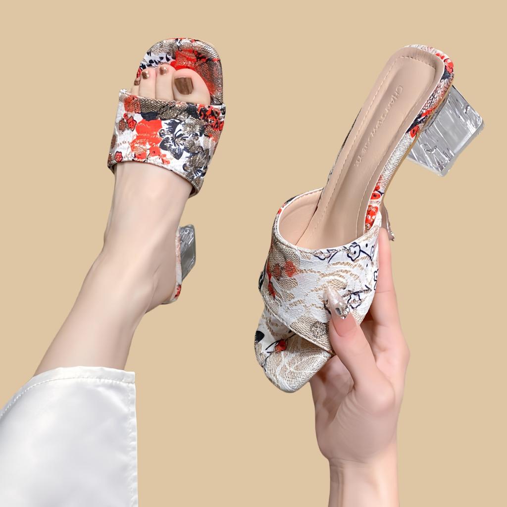 Fashion Retro National Style Trend High Heels Women Slippers Shoes Chunky Sandals Woman Summer Open Toe Flip FlopTransparent Fad Slides