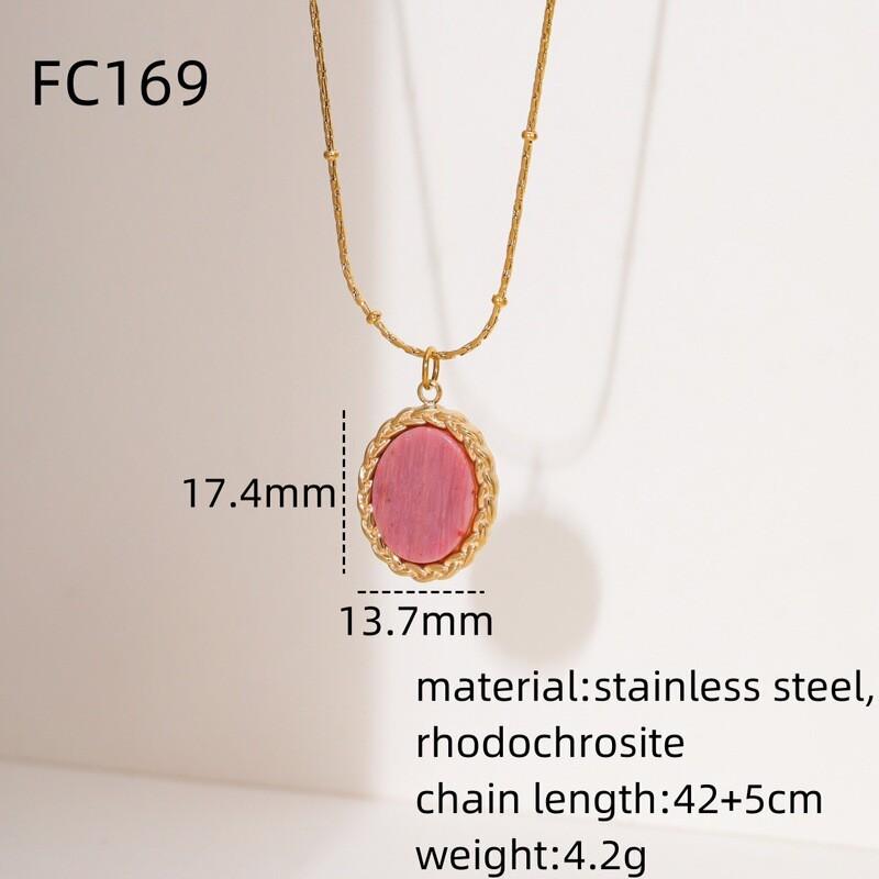 Womens Titanium Steel Pendant Necklace With Natural Stone 18K Gold Plated Geometric Oval Design Lightweight Luxury Chain