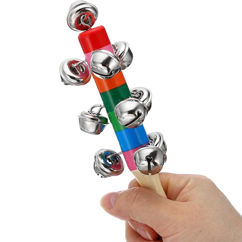 5Pcs Wooden Jingle Hand Bells Rainbow Stick Shaker Rattle Party Favors Percussion Instruments For Kids Baby Musical Toys