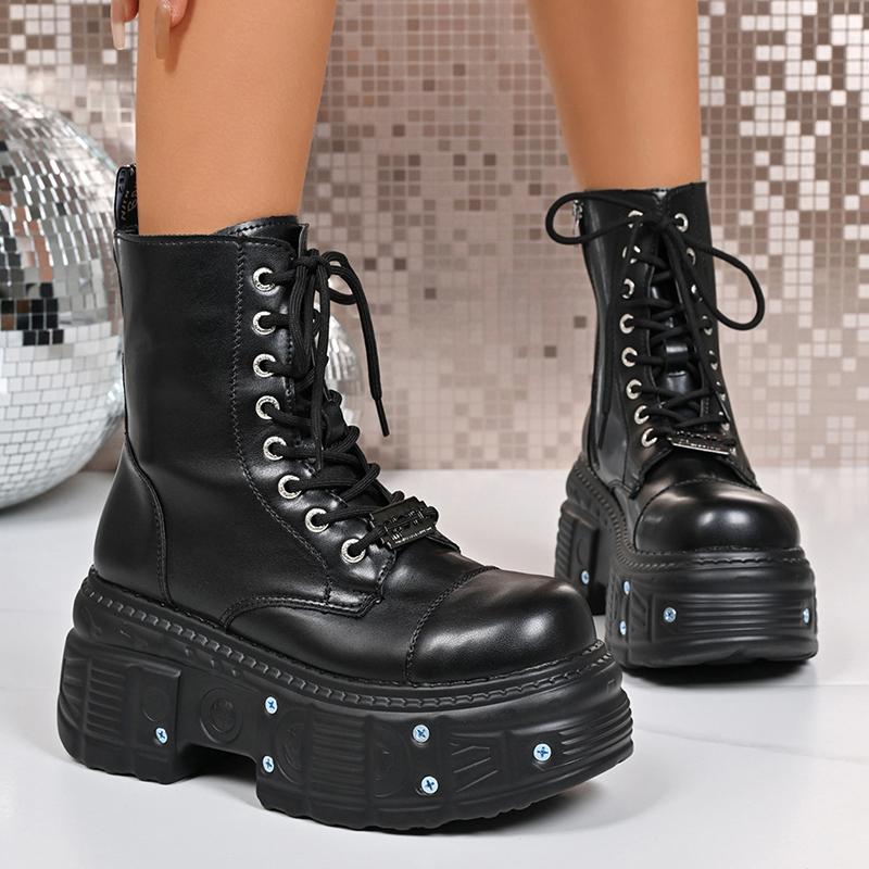 Fashion Chunky Platform Punk Ankle Boots Women Thick Bottom Metal Rivet Combat Booties Woman Autumn Winter Black PU Leather Botas Mujer