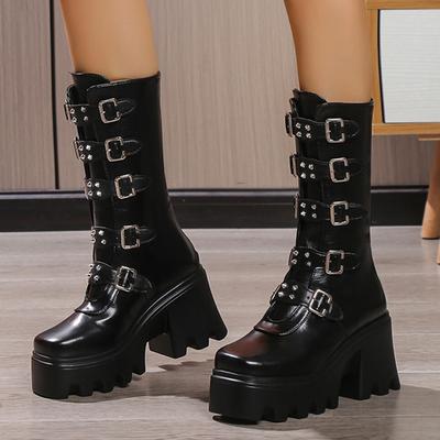 Fashion Women's Gothic Chunky Heel Mid Calf Boots Metal Buckle Strap Platform Punk Boots Woman Thick Bottom PU Leather Motorcycle Shoes