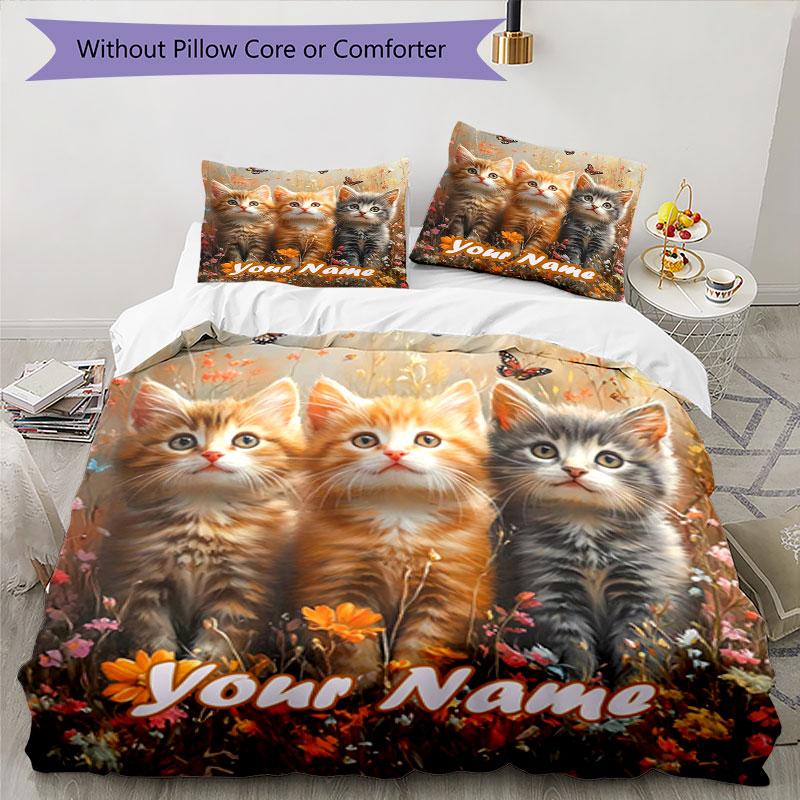 3PC Custom Name Kittens Garden Bedding Set Printed Bedding Set Duvet Cover Closure Includes 1 Duvet Cover & 2 Pillowcases for All Seasons Bedroom