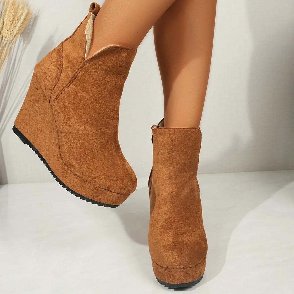 Pantofi de Toamnă și Iarnă pentru Femei, Cizme de Zăpadă cu Toc înclinat pentru Femei, Cizme la Modă în Culoare Solidă