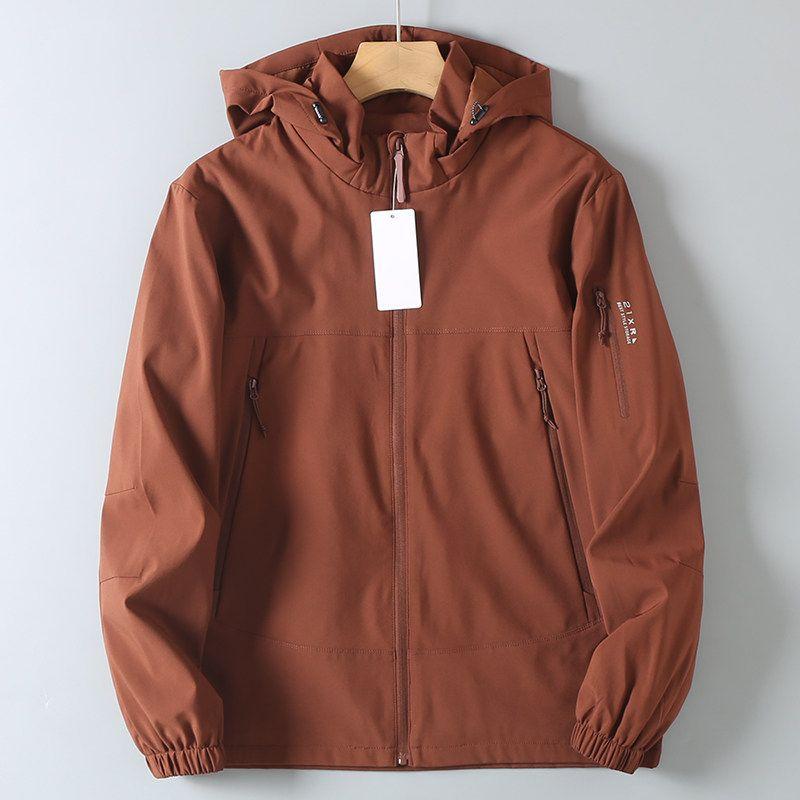 Export Surplus Scratch-Resistant and Wear-Resistant Hooded Jacket for Men, Lightweight Urban Commuting Casual Windproof Jacket for Spring and Autumn Mahogany Brown 2XL [Recommended 70-77.5kg]