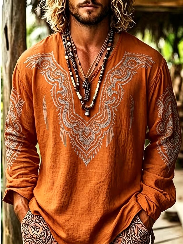 Plus size men's bohemian resort style V-neck long-sleeved shirt trendy geometric print skin-friendly textured fabric