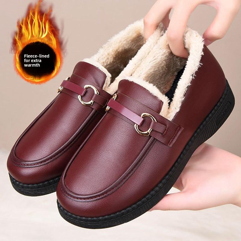 Women's New Winter Snow Boots, Slip-On Faux Leather Fleece Lined Thickened Cotton Boots, Warm Mom Shoes for Middle-Aged and Elderly Women