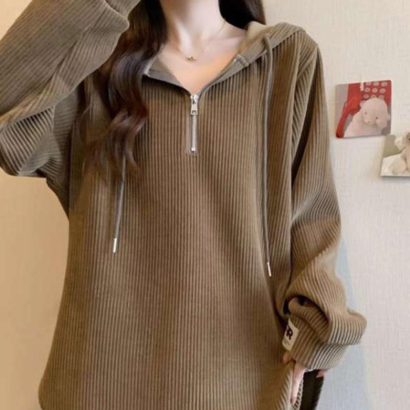 

Женский свитшот Хлопок Оверсайз Свободного кроя С капюшоном Весна Осень Свободный V-образный вырез Повседневный пуловер С длинным рукавом Топ Свитшот L хаки