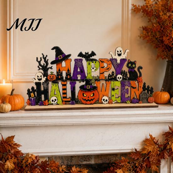 Halloween Tiered Tray Decor Happy Wooden Sign Ornaments with Pumpkin Ghost And Bat Elements for Stable Table Autumn Holiday Home Party Decorations