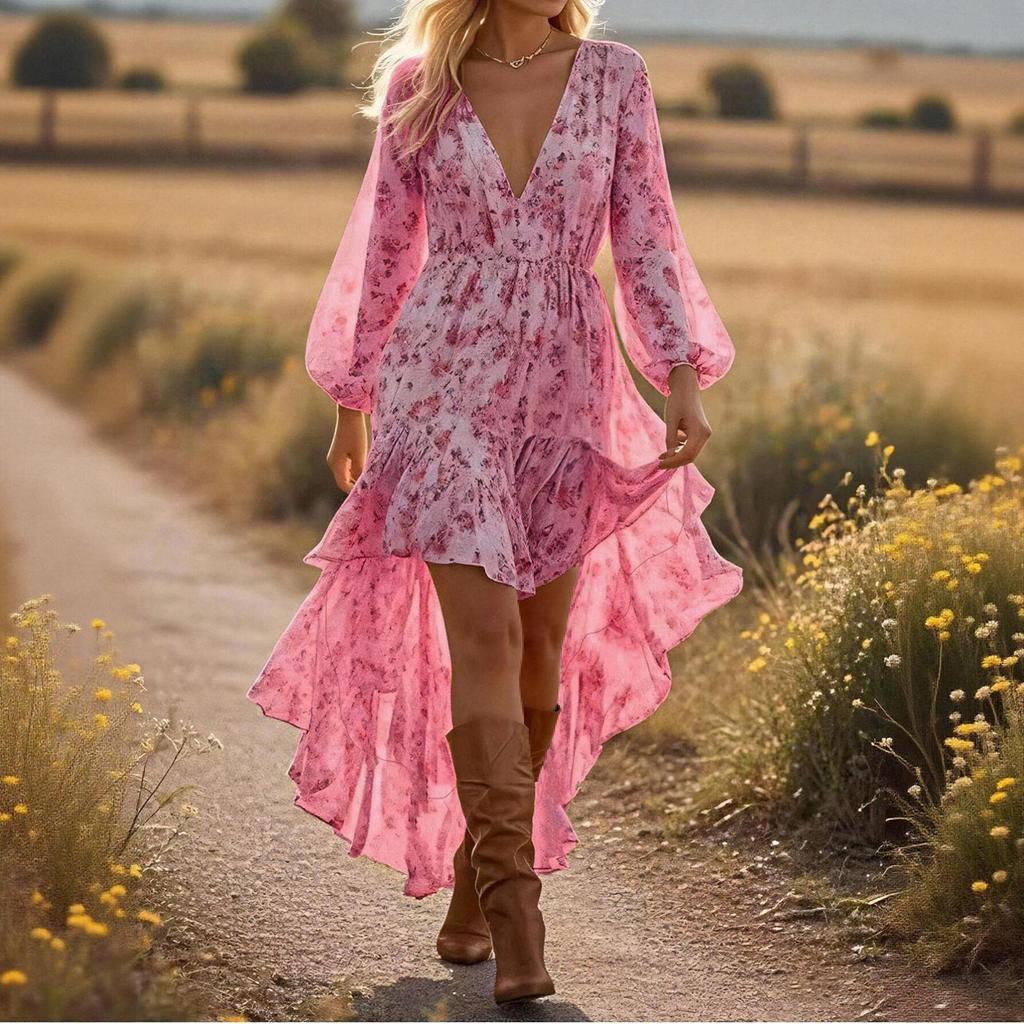 Women's Long  Sleeve Women's Dress Casual Flowy A,Line Midi  Dresses  V,neck Vocation Boho Beach Sundress