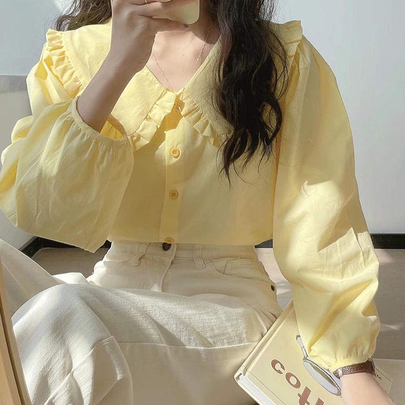 Damen Gelbes Milch Langarmshirt, Französischer Retro Puppenkragen, Schickes Frühling/Herbst Design, Süßer und Nischenstil.