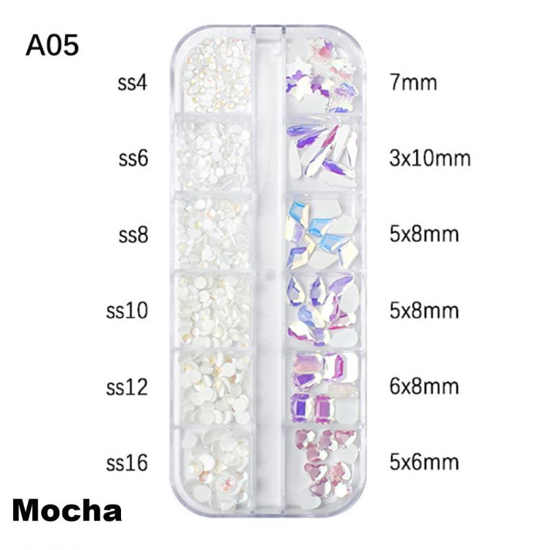 12-Grid 3D Nail Art Rhinestones Set Super-Shiny Flatback Adhesive Rhinestones for DIY Decorative Nail Art Multiple Shapes