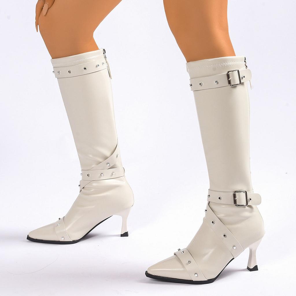 Fashion Women's Knee High Boots Pointed-toe Belt Buckle Slimming High-heeled Fashion Autumn Shoes Sexy Punk Gothic Rivet Long Botas
