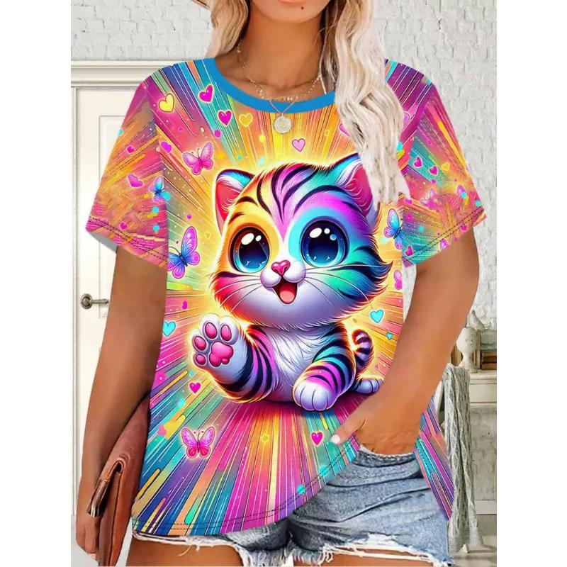 Fashion Women's Crew Neck Short Sleeve 3D Animal Color Printing Animal Short Sleeve Crew Neck T-Shirt