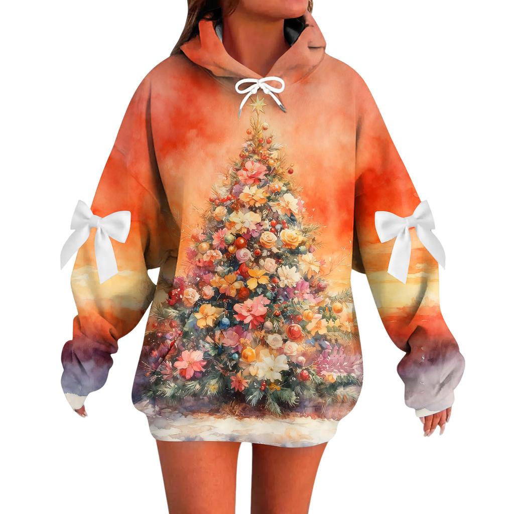 Ladies' Christmas Printed Bow Long Sleeved Loose Fitting Headband With Rope Hooded Sweatshirt Top