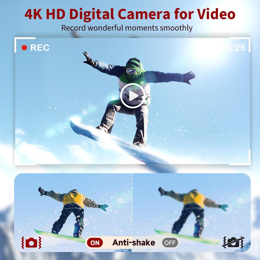 4K Digital Camera for Photography Autofocus, 48MP Vlogging Camera with Flash Anti-Shake, 3'' 180° Flip Screen Compact Travel Camera 16X Zoom Camera