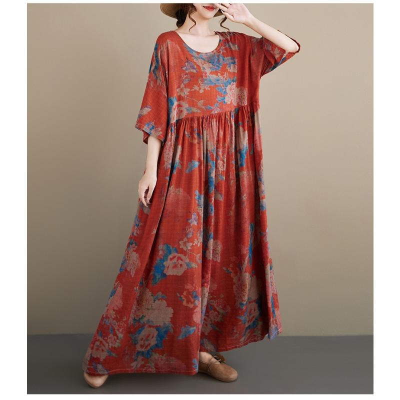 DIMANAF New 2026 Summer Women Plus Size Vintage Lady Long Dress Beach Loose Oversize Maxi Floral Print Cotton
