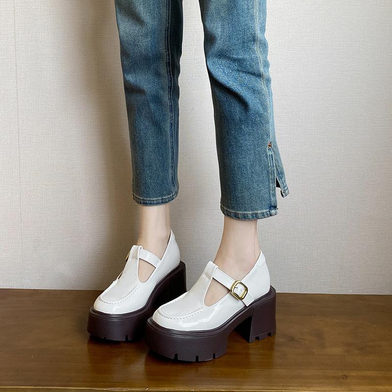 12Cm height increase small size thick heel retro Mary Jane small leather shoes women's shoes new white loafers