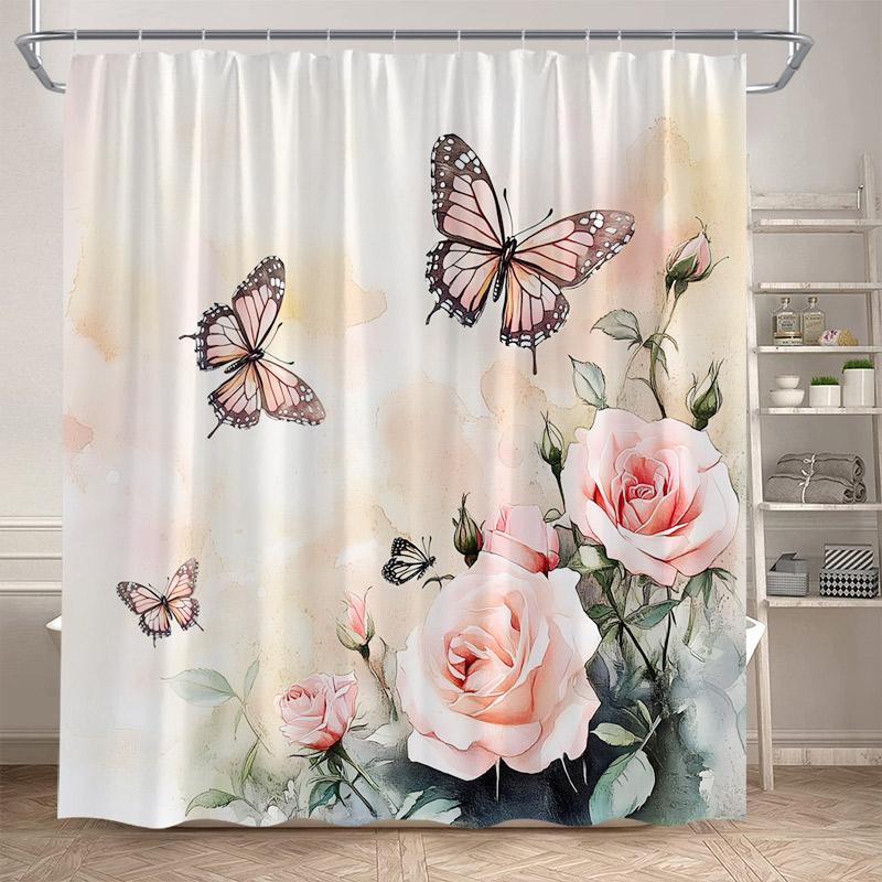 Rosa Ros Blommiga Duschdraperier Naturlig Grön Växt Blommor Alla Hjärtans Dag Badrumsdraperi Modernt Tyg Badrumsinredning med Krokar