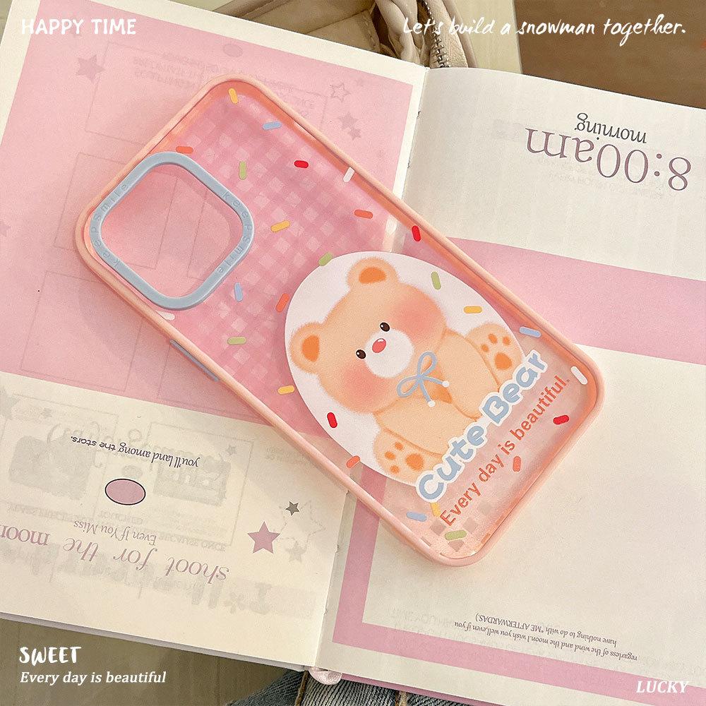 Checked Daidai Bear Contrasting Acrylic Phone Case Suitable for Apple 16promax Pink Apple 15 Protective Case 14