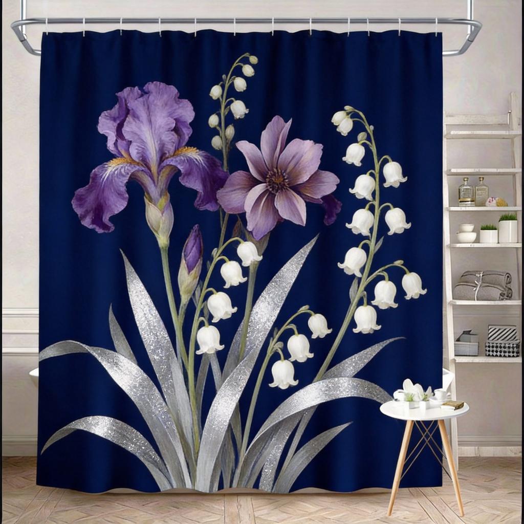Vintage Floral Shower Curtain 180x180cm – Cream & Gold Peonies with Daisies on Black Background, Elegant Bathroom Decor 12 Hooks