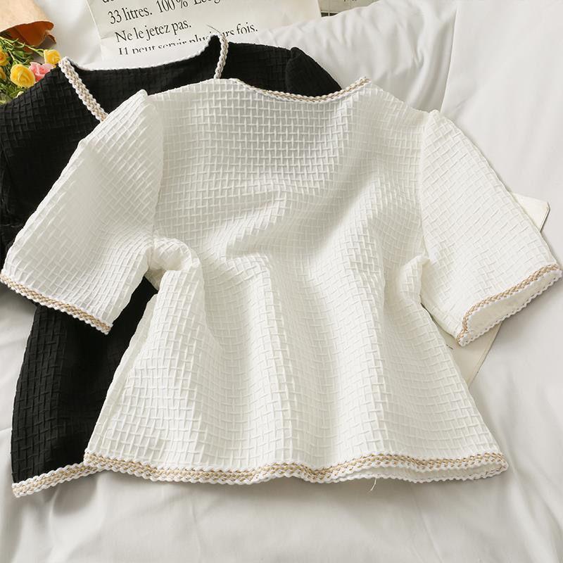 Letní dámská kostkovaná crop košile s krátkým rukávem, ženský temperament, tenká, všestranná, zkrácený top, bunda s polovičním rukávem