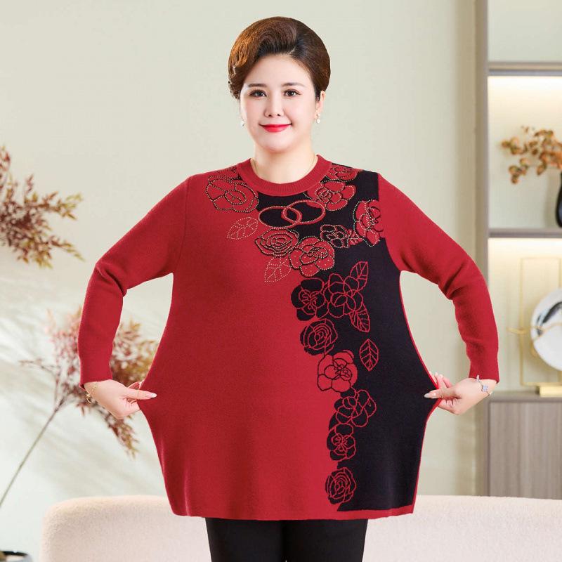 Plus Size Round Neck Wool Pullover for Overweight Middle-Aged and Elderly Women - Extra Wide Base Layer Knitwear for Autumn/Winter